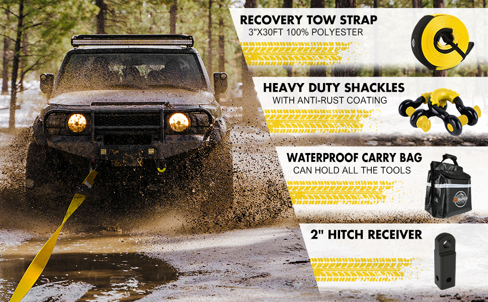 ZESUPER Heavy Duty Tow Strap Recovery Rope Kit 3" x 30