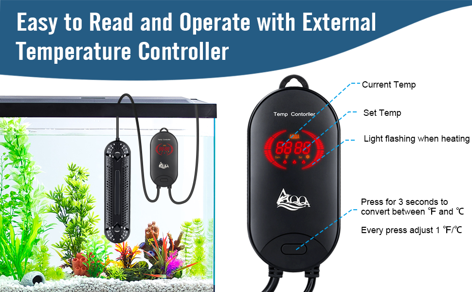 AQQA Aquarium Heater 500W 800W Submersible Fish Tank Heater with Double