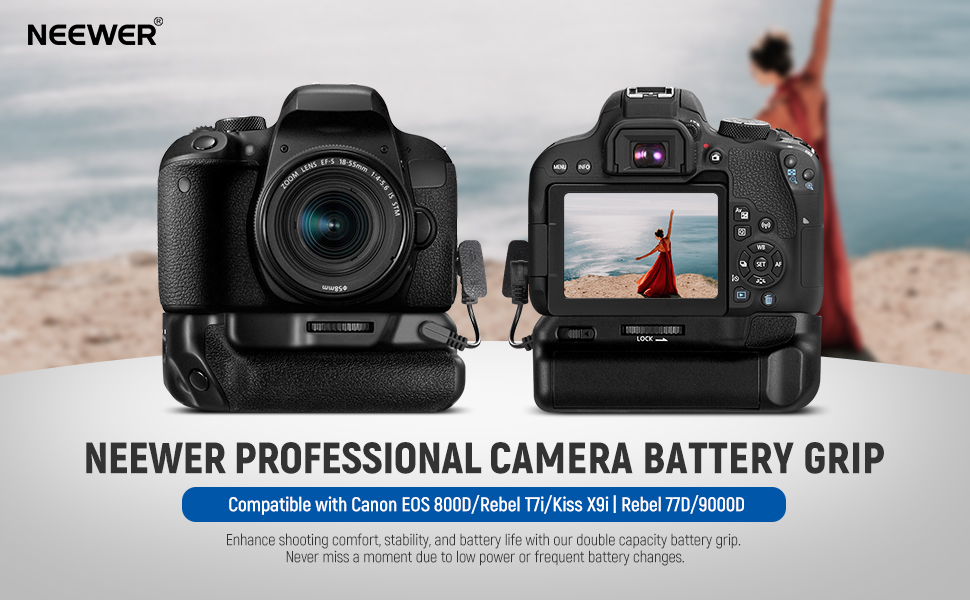 Neewer professional camera battery grip shown with DSLR camera, featuring dual display screens and compatible with Canon EOS 800D/Rebel T7i/Kiss X9i models.