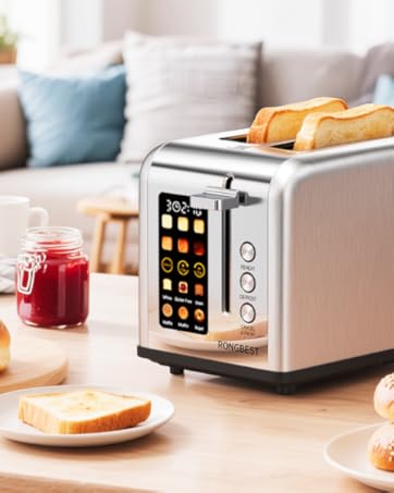 Smart toaster functions: browning control, bread presets, energy-saving touchscreen design.