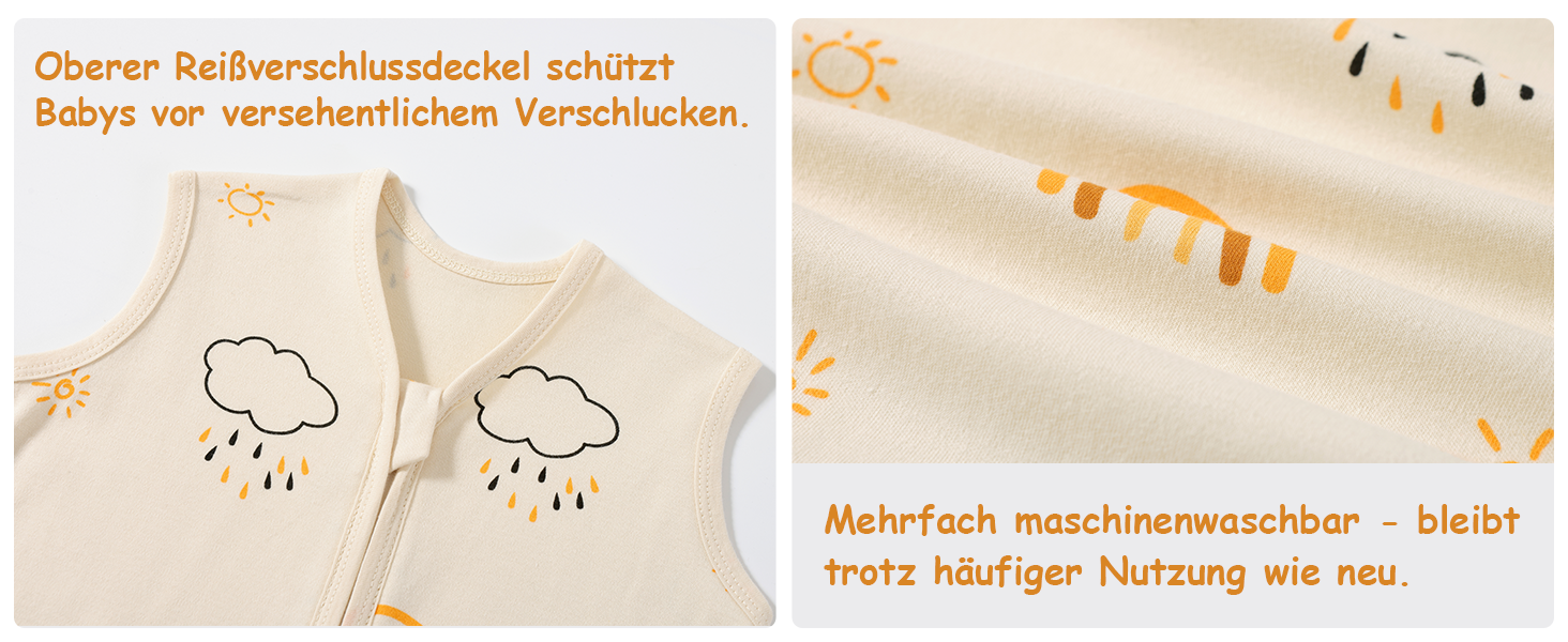 Beiges ärmelloses Babykleid mit Wolken- und Regenmustern. Die Nahaufnahme zeigt die Stoffstruktur und den orangefarbenen Text. Das Produkt scheint ein maschinenwaschbarer Schlafsack oder eine tragbare