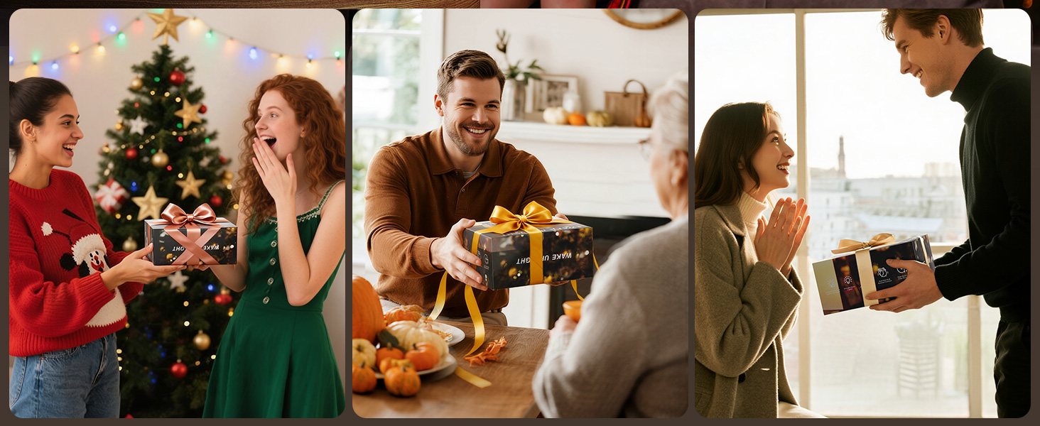 Series of warm-toned photos showing groups of people socializing and celebrating around a Christmas tree and dining table settings.