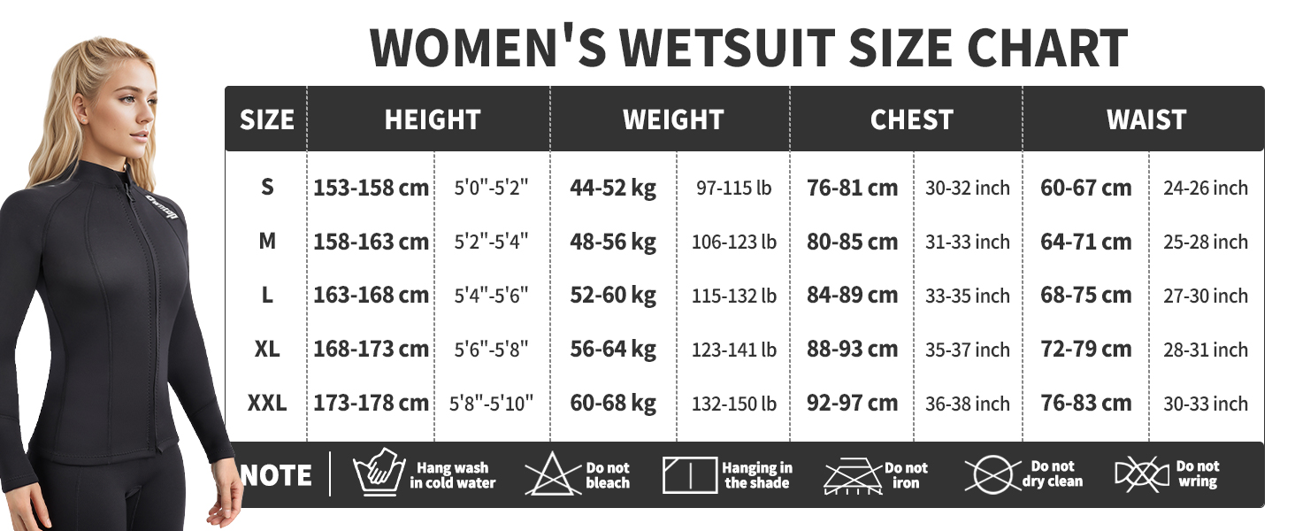 Women's wetsuit size chart showing measurements for height, weight, chest and waist across multiple sizes from XS to XL with metric conversions.