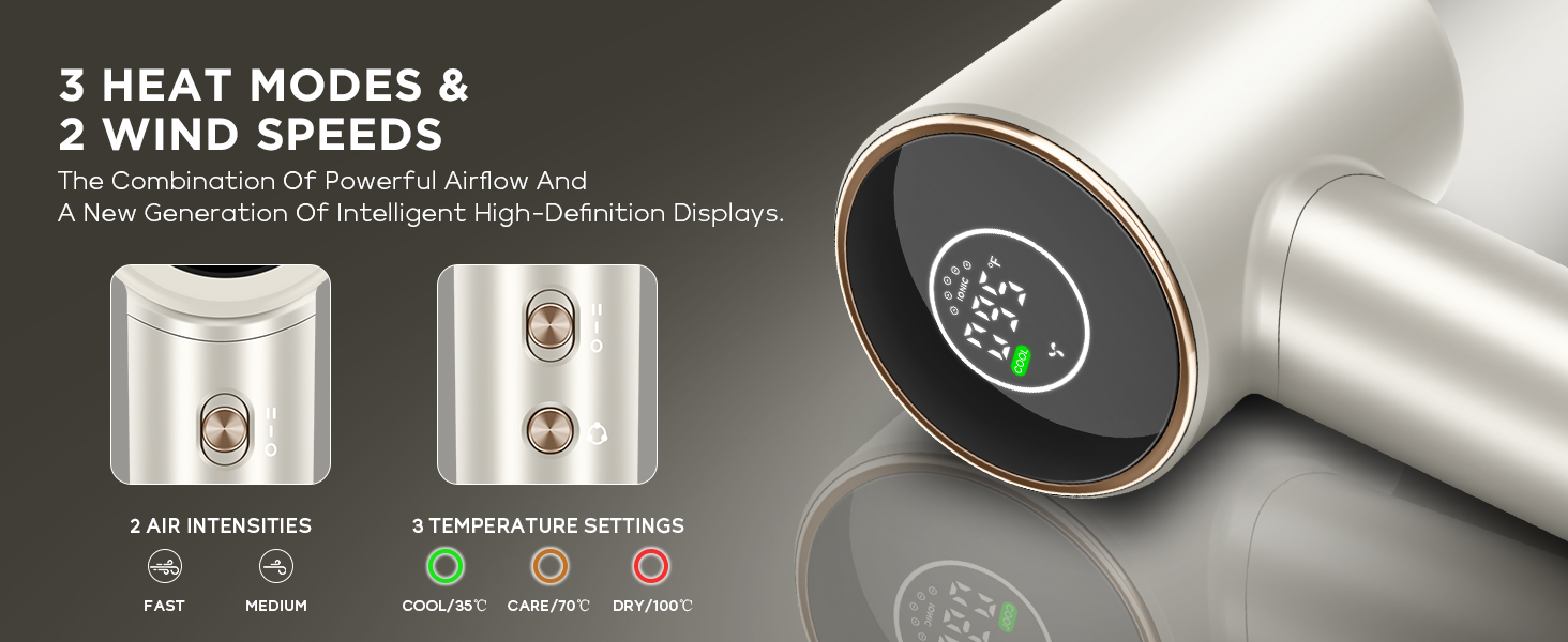 Diffuser hair blow dryer with high-definition displays, 3 heat modes &amp;amp; 2 air speed