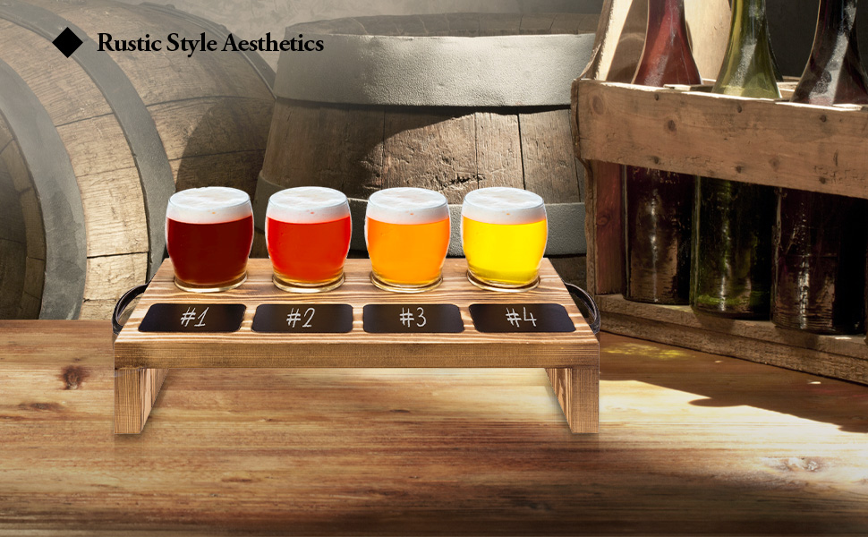 MyGift 4 Glass Beer Tasting Flight Sampler Set with Burnt Wood Serving