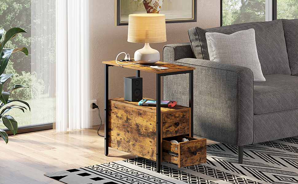 Rolanstar End Table with Charging Station, Narrow Side Table with 2