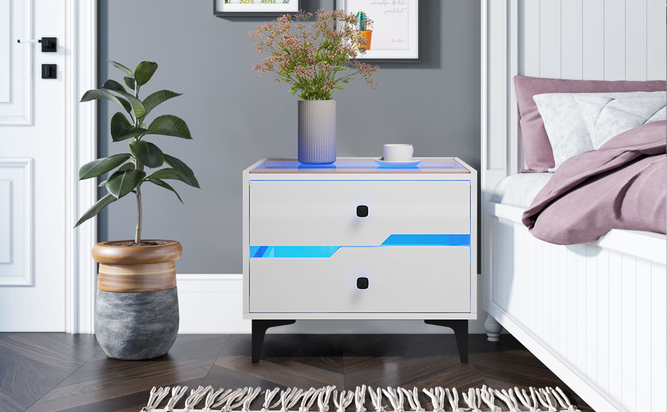 LED Nightstand Set of 2, White End Table with 16 Color LED