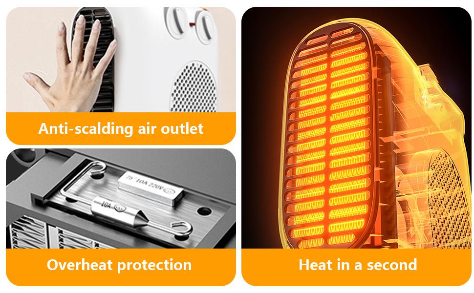 Infographie à trois panneaux montrant : une main avec un tissu, un équipement de protection et un élément chauffant incandescent. Le texte indique « Sortie d'air sûre et facile ».