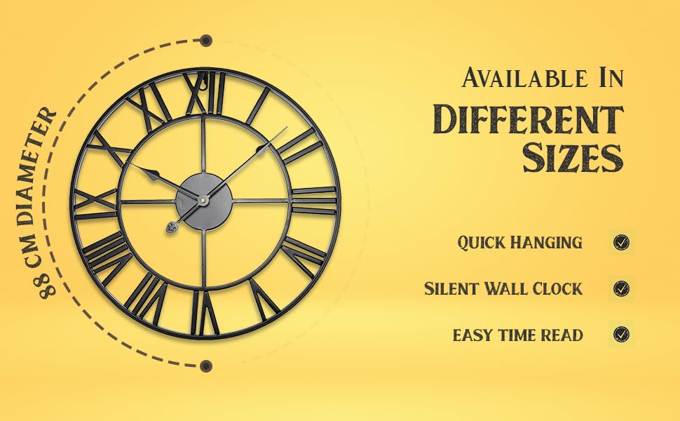 BLADO 88 CM Large Wall Clocks for Living Room Black Metal Roman