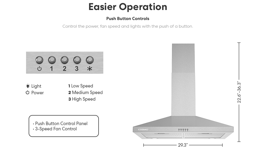 63024P, Cosmo Wall Mount Range Hood, Stainless Steel, LED Lights, Push Button Controls, Convertible