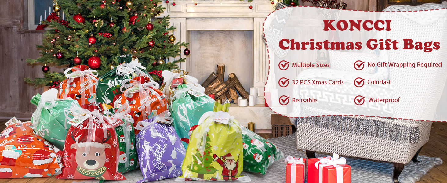 Assorted Christmas gift bags and wrapped presents near a decorated tree. Sign lists KONCCI gift bag features.