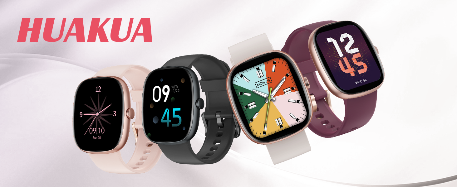 Huakua smartwatches display featuring four models in different colors including rose gold, black, and purple, showing various digital watch faces.