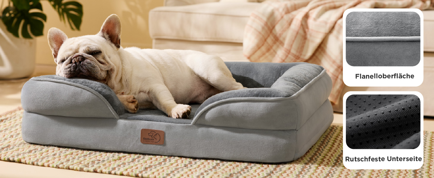 Graues Orthopösschen Hundebett Mit Erhöhten Kanten und Plüschoberfläche. Französische Bulldogge, Die Auf deses Bett liegt. Die BEIGENTEN BILDER ZIEGEN Die Flanelloberfläche und die Rutschfeste Untersite des Bettes
