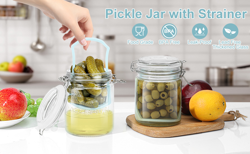 2 Pack Glass Pickle Jar with Strainer, 25oz Pickle