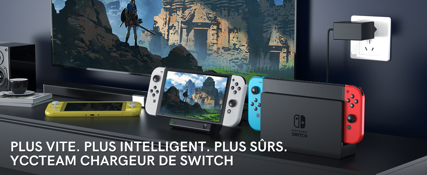 pour Nintendo Switch avec console, manettes et téléviseur affichant la scène du jeu. Le texte mentionne « YCCTEAM CHARGEUR DE SWITCH » (chargeur Switch