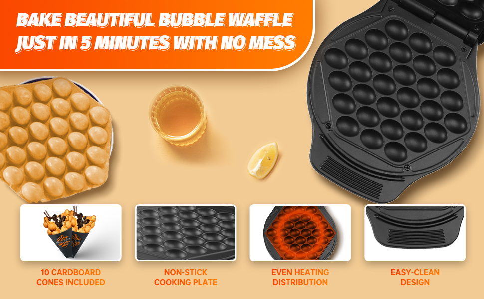 Bake beautiful bubble waffle just in 5 minutes with no mess, 10 cardboard cones included 