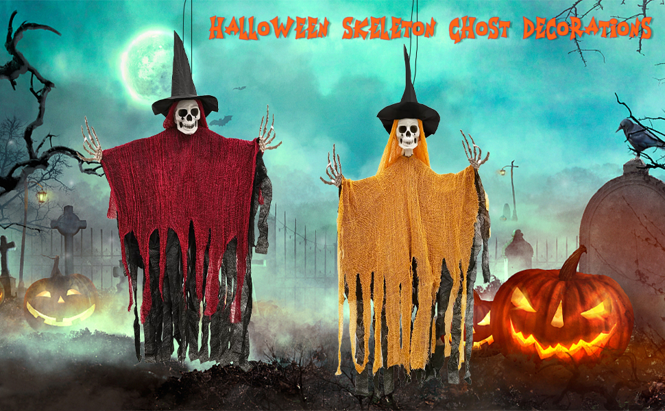 2 Pack Halloween Outdoor Decorations Hanging Skeleton Ghost Decorations