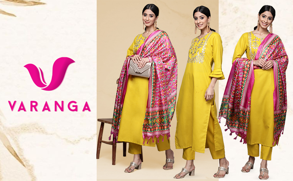 Yellow Yoke Design Kurta with Trousers and Dupatta Set