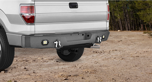 2009-2014 Ford F150 Rear Step Bumper Full Width Textured Black Solid Steel Offroad with 2Pcs Upgraded 18W LED Lights D-Rings