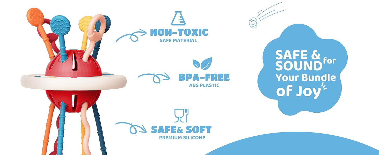 Smiling baby playing with colorful Montessori silicone string toy, perfect as a gift.