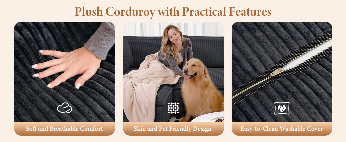 Comfy Corduroy Upholstered Sectional Modular Sofas for Living Room