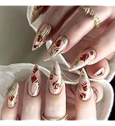 Medium Press on Nails Almond Shaped Fake Nails with Designs Rose Gel Glue on Fingernails Flower G...