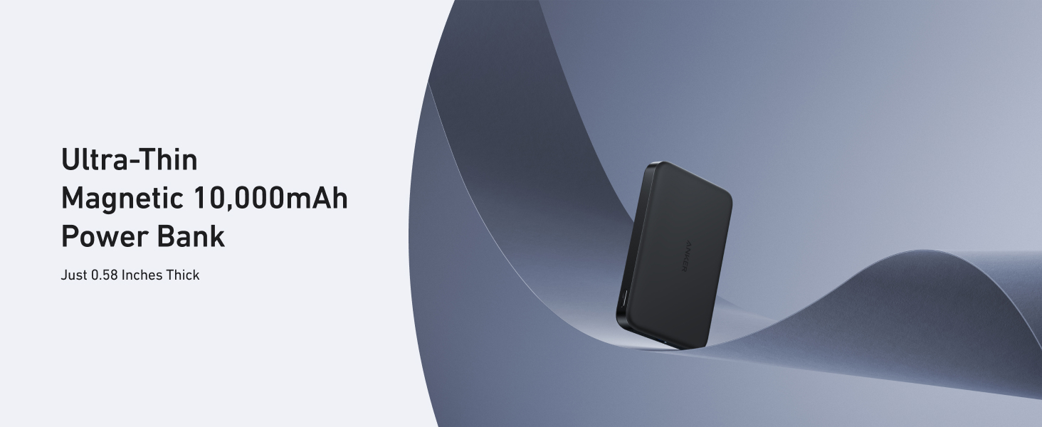 Ultra-thin magnetic power bank with 10,000mAh capacity shown against a gray curved background.