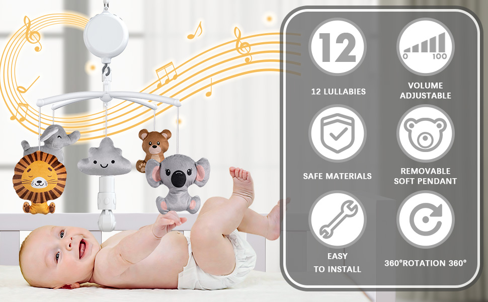 FEISIKE Baby Mobile for Crib with 3 Modes Musical Box,Volume Control,12 Lullabies