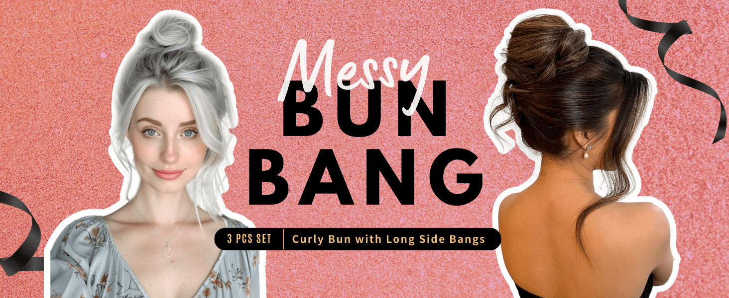 VAVANGA Messy Hair Bun with Bang Set 3 Pieces Curly Hair Bun Bangs Set for women
