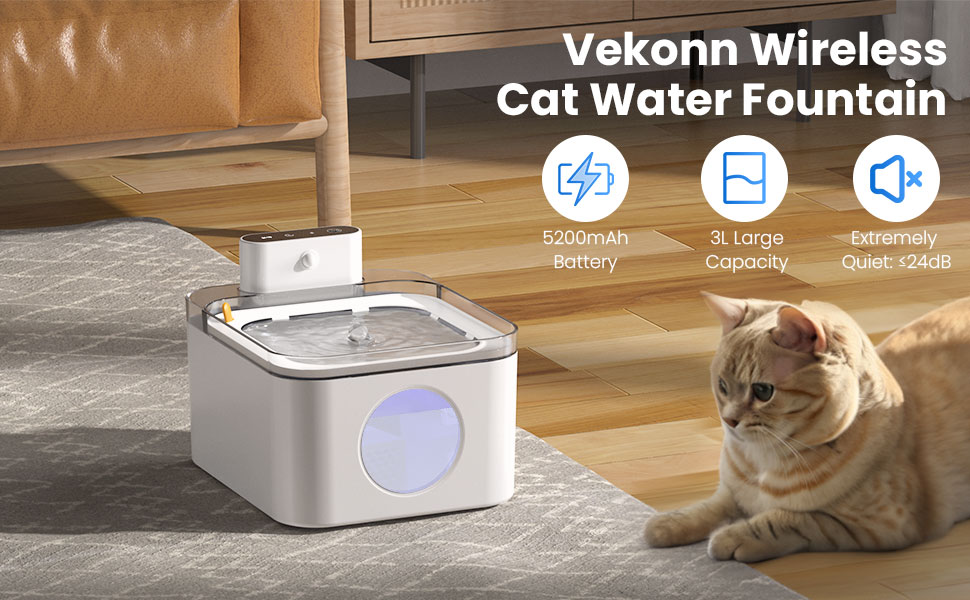 Vekonn Cat Water Fountain Battery Operated, Wireless 3L