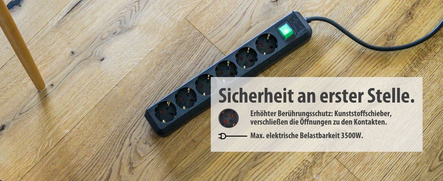 Text auf Deutsch lautet „Sichermit all erster Stelle“. Produktaufnahmen in Nahaufnahme eines schwarzen elektronischen Geräts oder einer Fernbedienung auf einer Holzoberfläche.