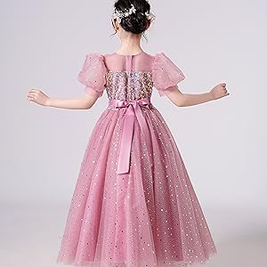 Flower Girls Sequin Dresses Puff Sleeves 