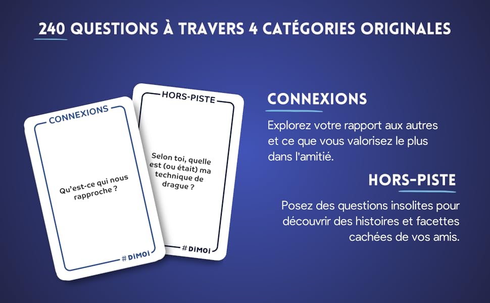 Dimoi Amis - Jeu de Cartes - 240 Questions audacieuses pour se redécouvrir Entre  Amis et approfondir Ses Relations - Idée : : Jeux et Jouets