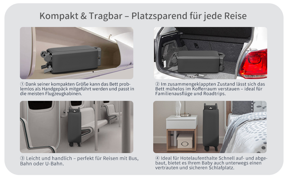 Collage aus vier Bildern, die einen kompakten, tragbaren grauen Safe zeigen. Wird an verschiedenen Orten gezeigt: unter Möbeln, im Kofferraum des Autos, am Griff getragen und im Hotelzimmer