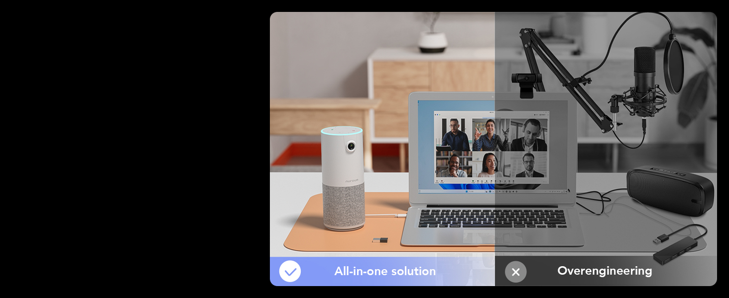 Home office setup on wooden desk. Includes laptop with video call, microphone, smart speaker, and various accessories for remote work or content creation.