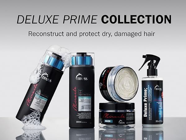 truss deluxe prime hair care collection, reconstruct and protect dry, damaged hair