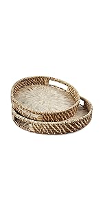 Amazon Com Set 2 Pack Round Rattan Wicker Tray With Mother Of Pearl Inlay Wooden Base And Insert Handle For Fruit Serving Coffee Table Tray Vanity Tray Organizer For Kitchen Storage And Display