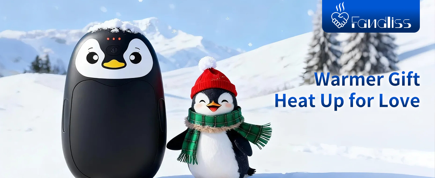Text reads 'Heat Up for Love'. Winter-themed advertisement banner showing cartoon penguin characters against snowy background with blue accents.
