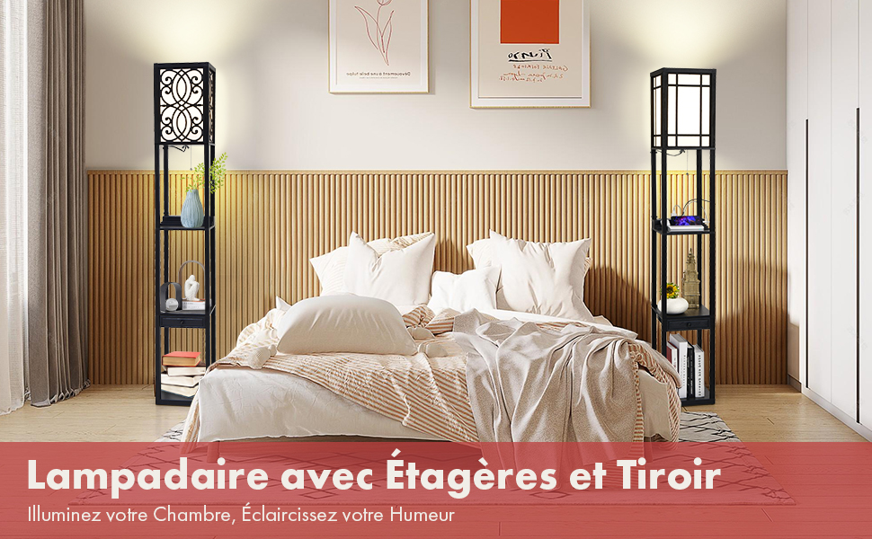 Costway Lampadaire avec 3 Étagères et Tiroir