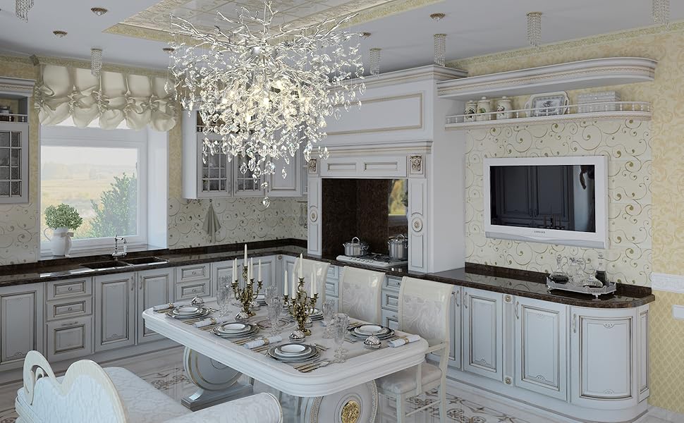 BMNJYW 32 in Crystal Chandelier for Dining Room, Round Silver Tree