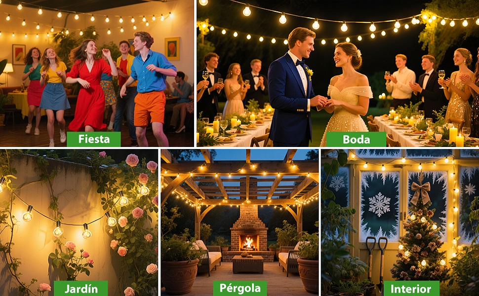 El texto dice: «Jardín, Pérgola, Interior». Colección de fotos de lugares para eventos al aire libre que muestran guirnaldas de luces y reuniones sociales en jardines, pérgolas e interiores.