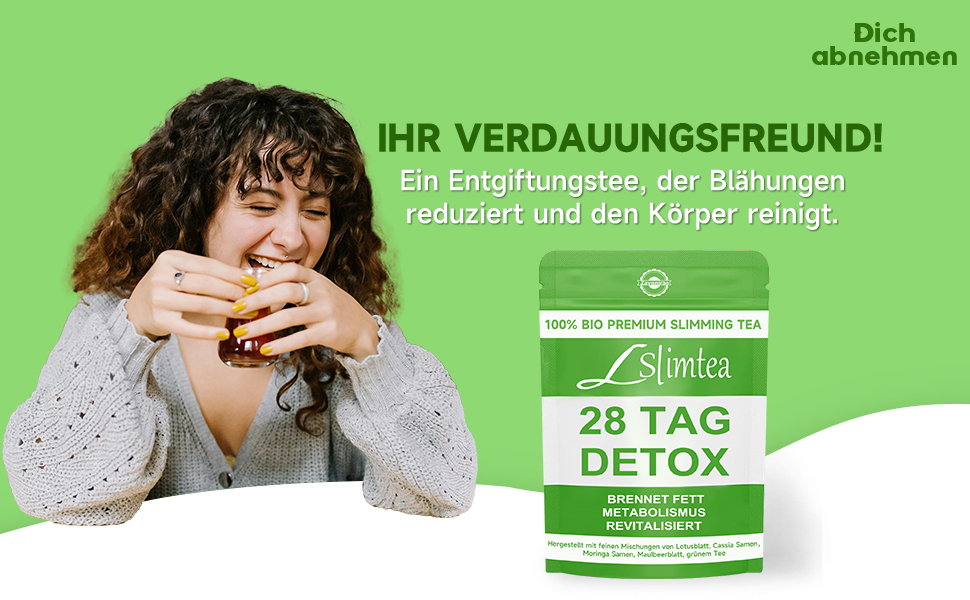 Slimtea '28 Tag Detox' tea package with green background, marketed as a digestive health supplement with German text.