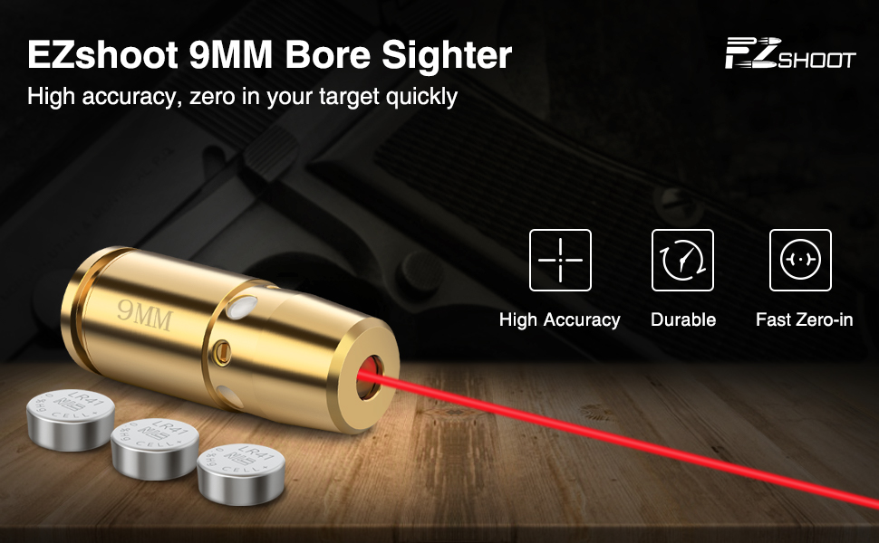 EZshoot Bore Sight 9mm Laser Boresighter with 3 Sets of