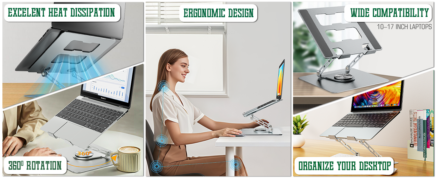 CLAW Lift Pro X11 Laptop Stand with 360° Rotating Base, Multi-Angle Adjustment, Heavy-Duty Steel Frame, Anti-Slip Silicone Pads, Foldable Design, Supports Up to 17-Inch Laptops & 8KG Load – Black 4 Features