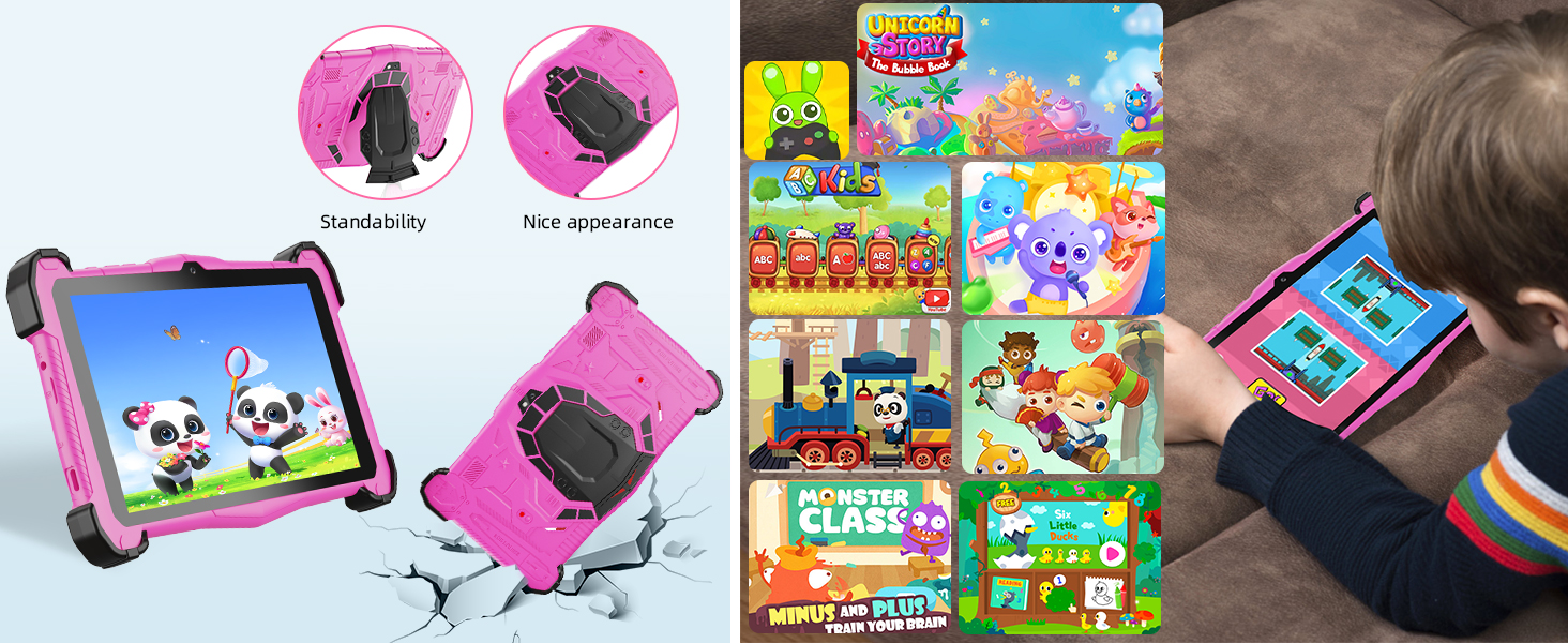 Pink protective tablet case with gaming interface, showing durability features and screenshots of children's educational games.