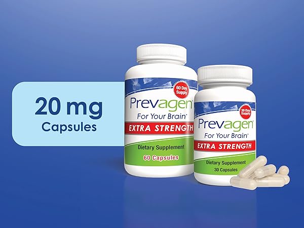 Prevagen Extra Strength 20mg 30 capsules and 60 capsules on blue background