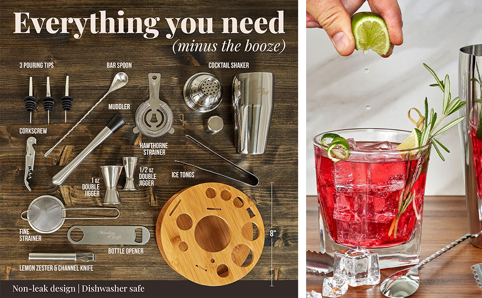 Cocktail Shaker and Bar Accessories, Perfect for Drink Mixing at Home, Plus Exclusive Recipe Cards