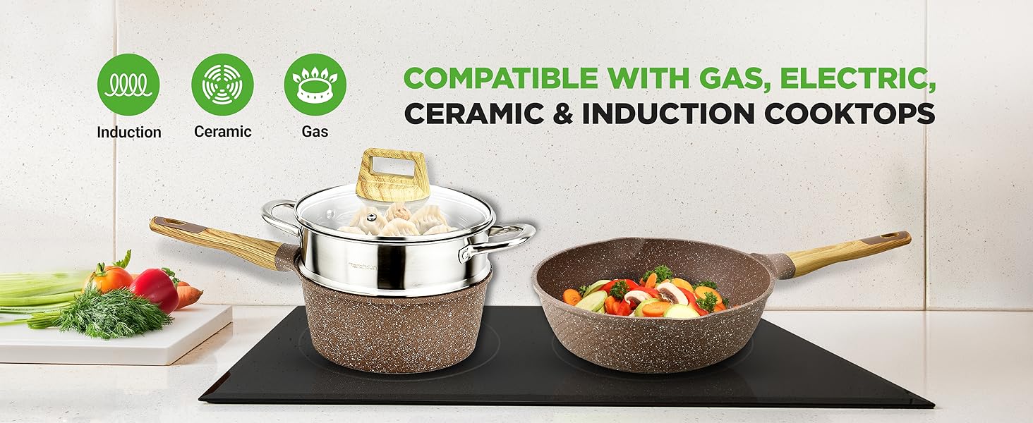 multi-purpose pots fry pan marble nonstick finish saute dumplings vegetables cooking stovetop