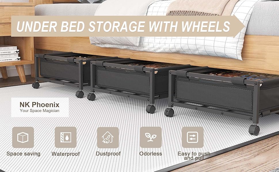 NK Phoenix Under Bed Storage with Wheels, Rolling Under Bed Storage
