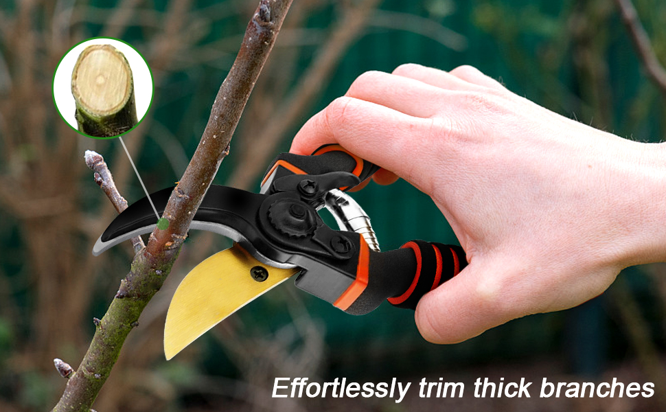 Hand using pruning shears to cut a thick tree branch. Text below reads 'Effortlessly trim thick branches'.